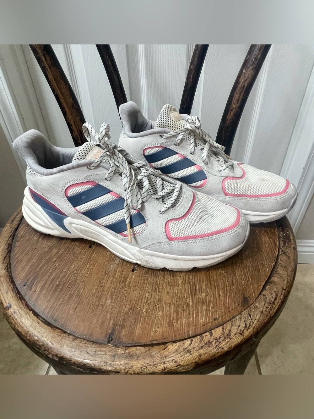 adidas White Sneakers with Navy Stripes and Pink Trim